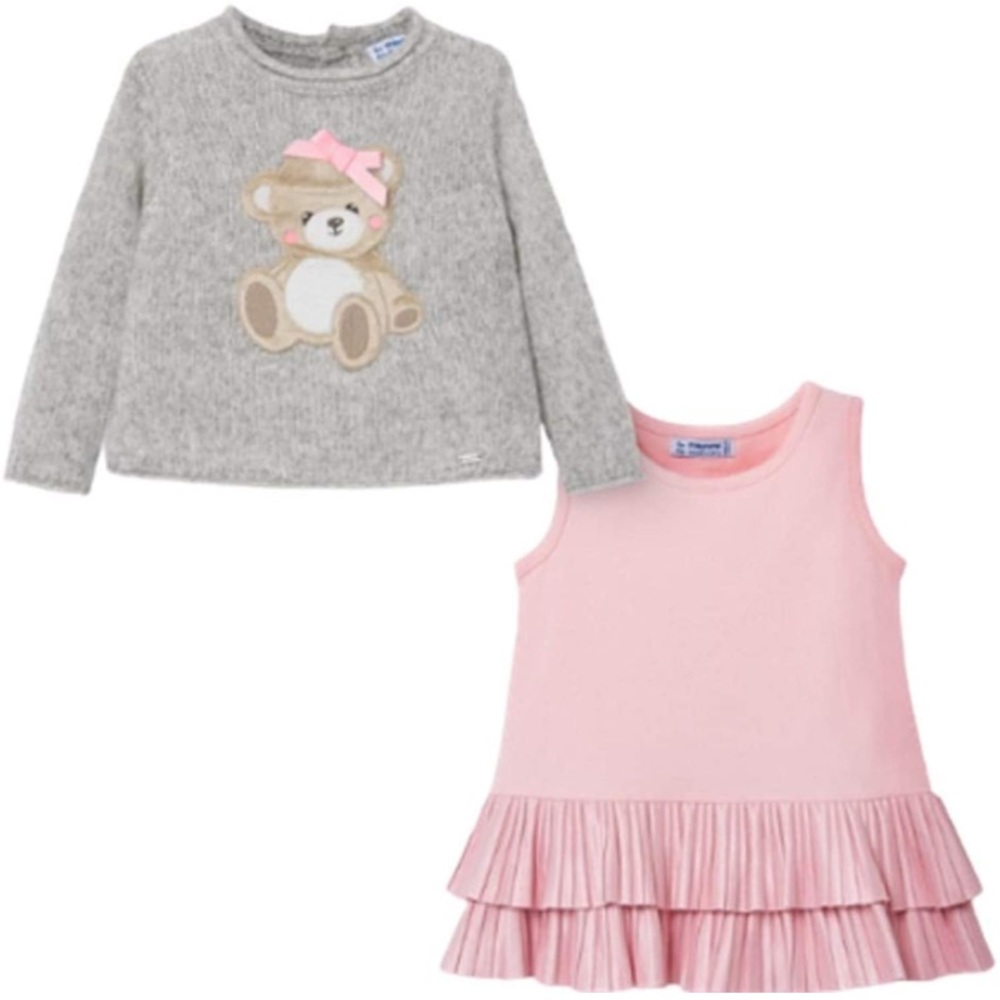 Mayoral Bear Sweater and Fringe Dress Set